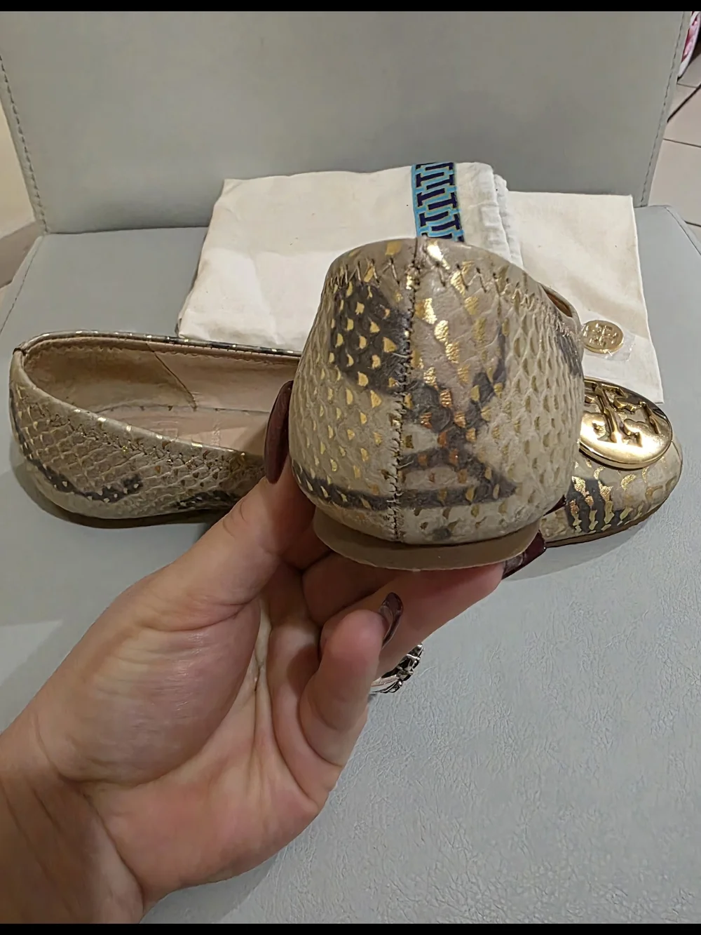 Tory Burch Metallic Gold Snake Print Ballet Flats Size 6.5